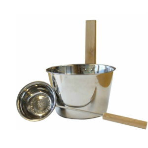 Saunakiulu ja vesikauha 2008170007, ruostumatonta terästä ja puuta