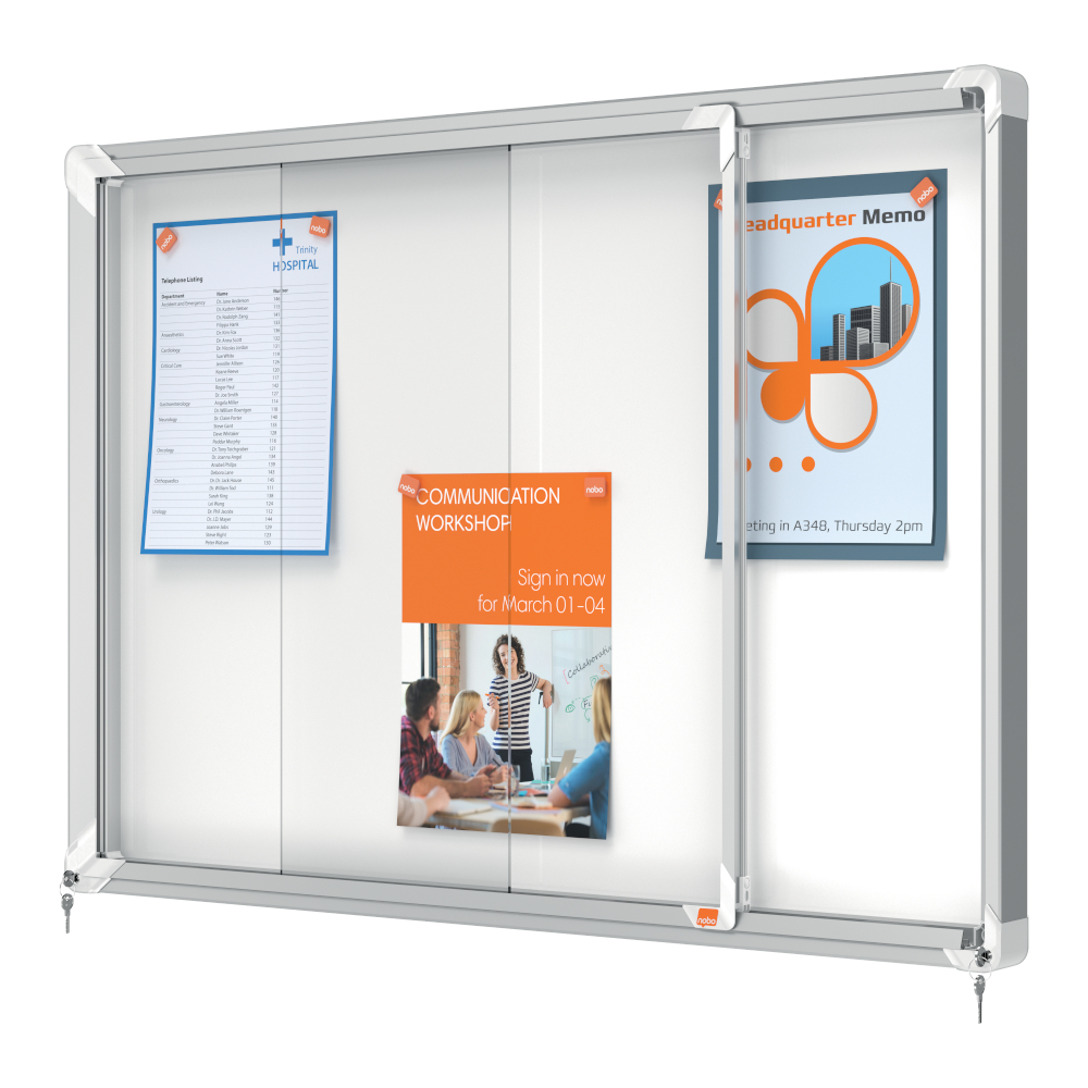 Lukittava ilmoitustaulu liukuovella, valkoinen