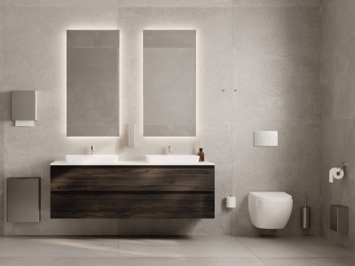 3D-kuva kylpyhuoneesta, joka on varustettu Hanin Usva-tuotesarjan tuotteilla