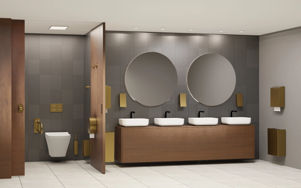 Kuvituskuva WC-tilasta, jossa on Hohto-tuoteperheen varusteet.