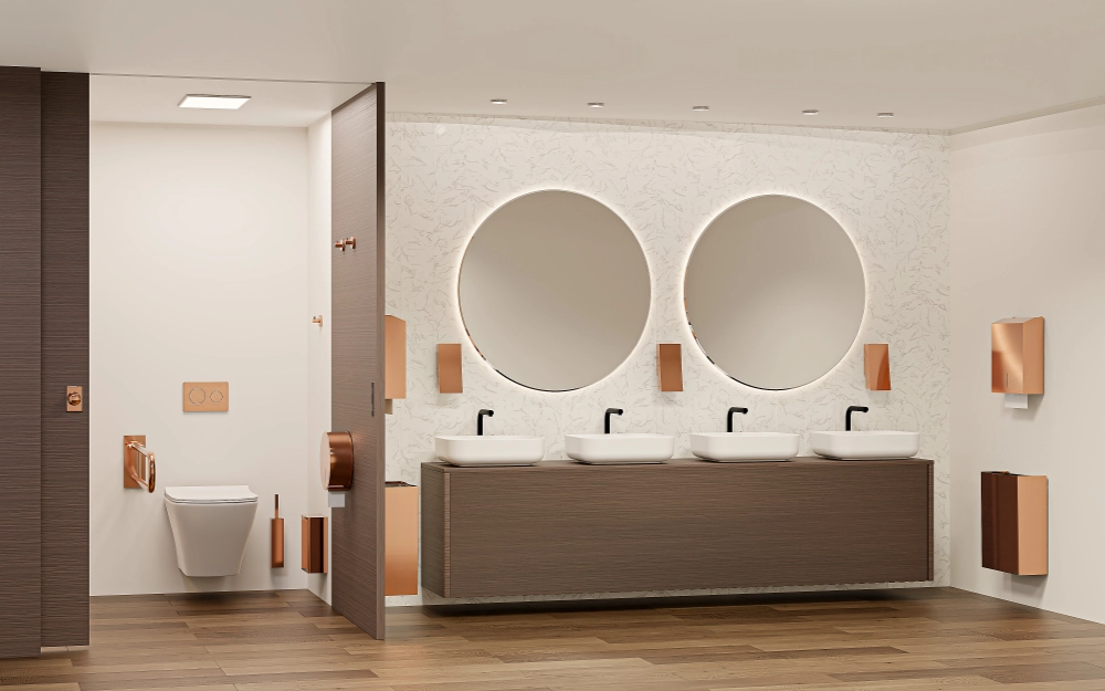 Kuvituskuva WC-tilasta, jossa on Koralli-tuoteperheen varusteet.