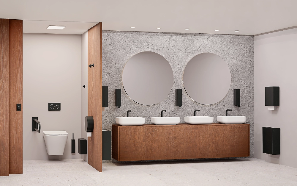 Kuvituskuva WC-tilasta, jossa on Korpi-tuoteperheen varusteet.