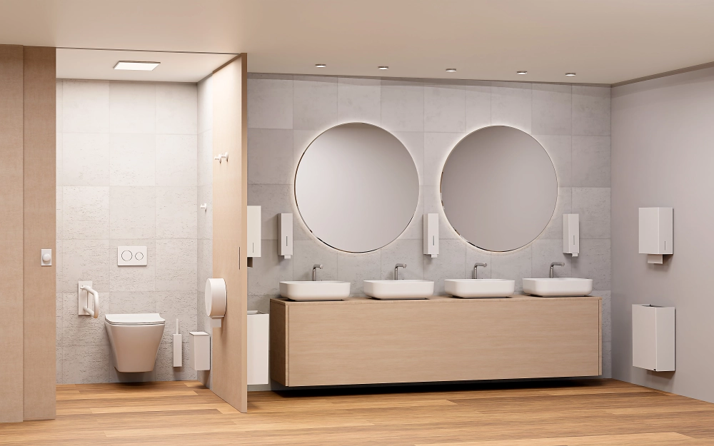 Kuvituskuva WC-tilasta, jossa on Lumi-tuoteperheen varusteet.