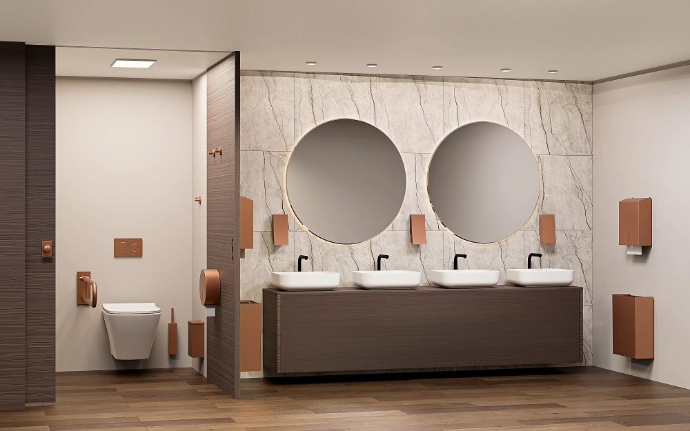 Kuvituskuva WC-tilasta, jossa on Pihka-tuoteperheen varusteet.