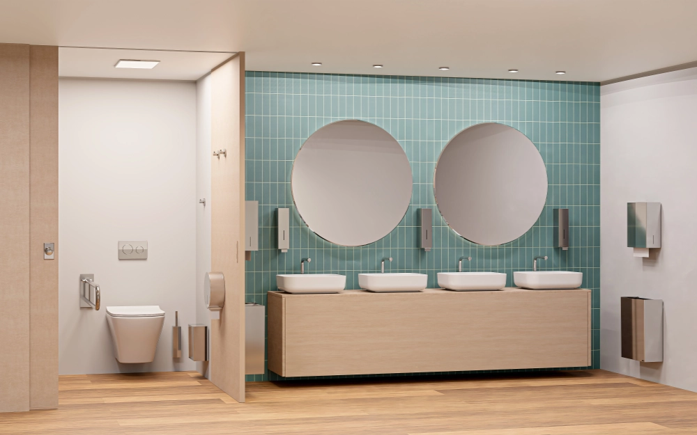 Kuvituskuva WC-tilasta, jossa on Säde-tuoteperheen varusteet.