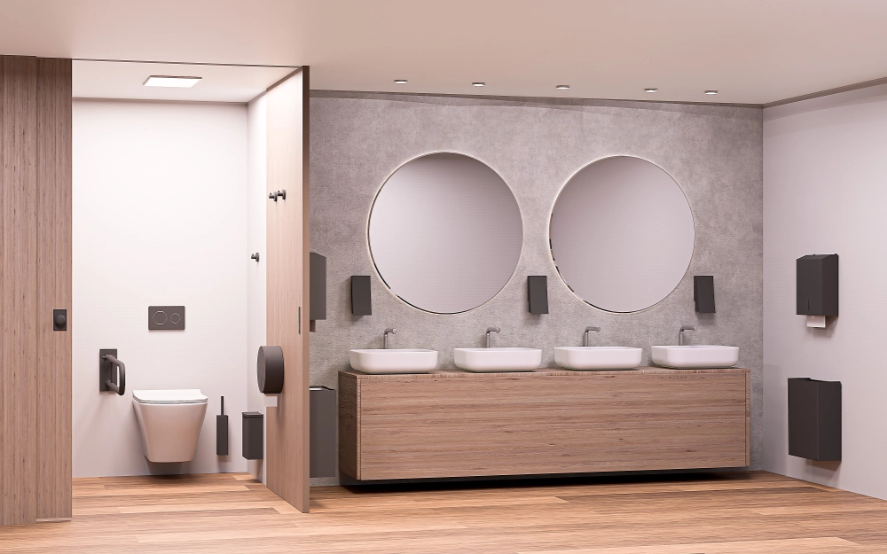 Kuvituskuva WC-tilasta, jossa on Tuhka-tuoteperheen varusteet.