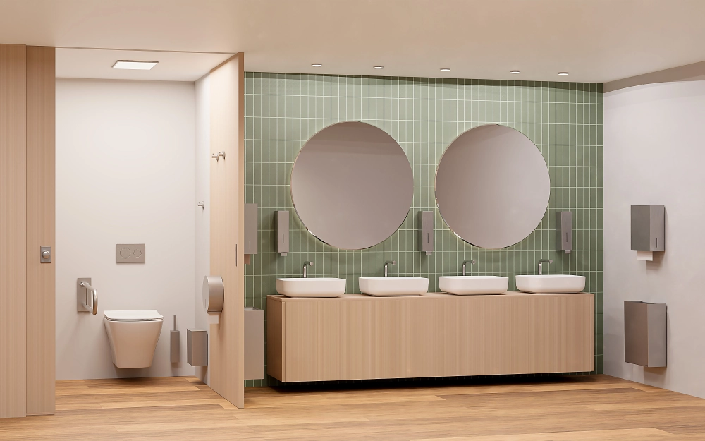 Kuvituskuva WC-tilasta, jossa on Usva-tuoteperheen varusteet.